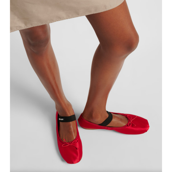 Miu Miu Satin Rosso Red Black White Logo Strap Bow Ballet Ballerina Flats 39 - Picture 5 of 16